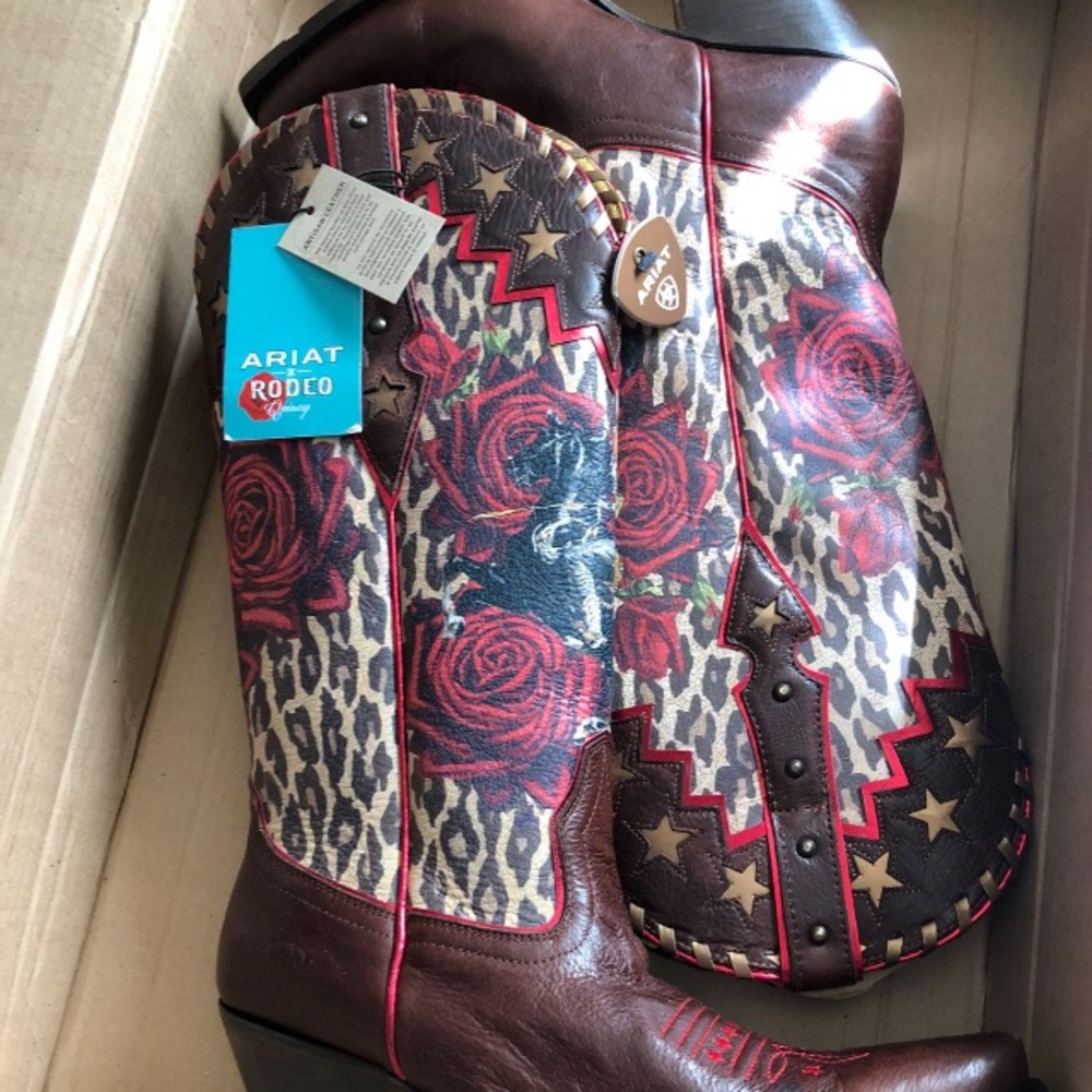 Ariat Brown Leather Boots with Red Rose and Leopard Design